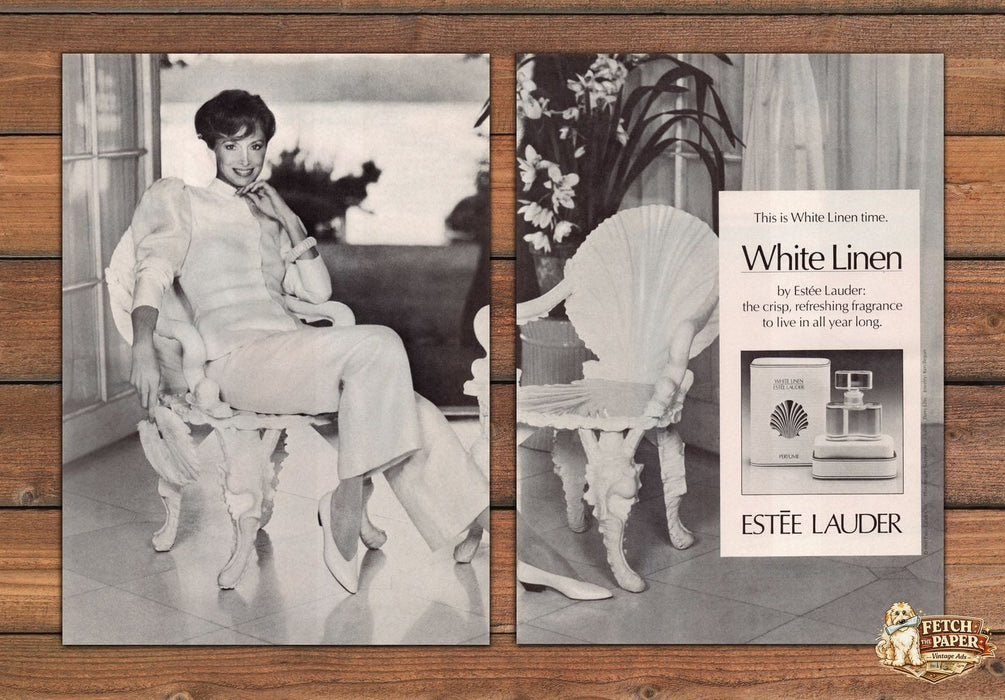 Estee Lauder White Linen Perfume Shell Chair Sunroom Print Ad 1981 1980s (2pgs)