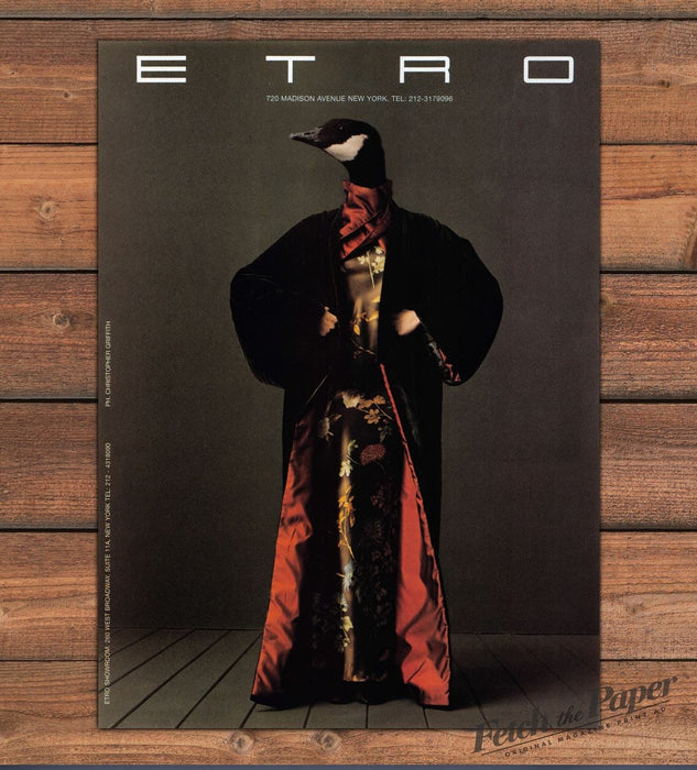 Etro Canadian Goose Head in Velvet Coat and Kimono Dress Print Ad 1997 1990s