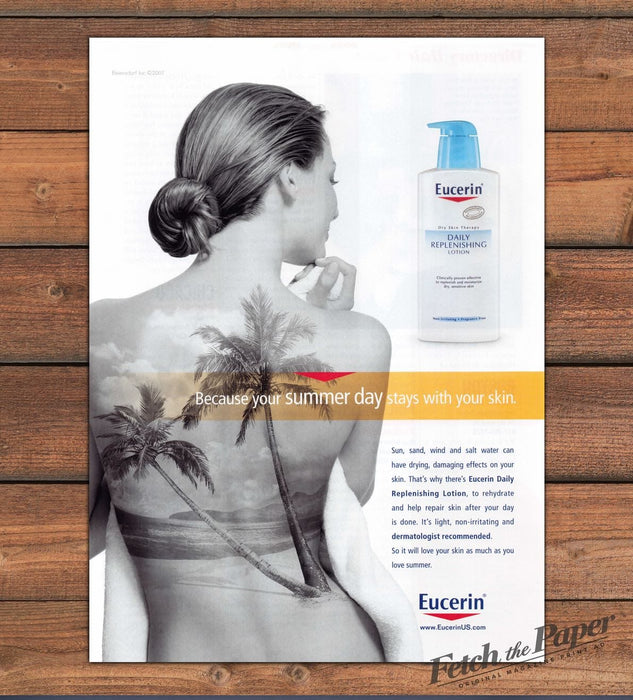 Eucerin Lotion Bare Back Palm Tree Beach Skin Print Ad 2007 2000s