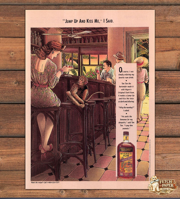 Myers's Rum Jump Up Kiss Me Monkey Bartender Illustration Print Ad 1991 1990s