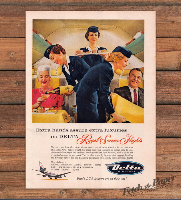 Delta Air Lines Royal Service Stewardesses Champagne Couple Print Ad 1959 1950s