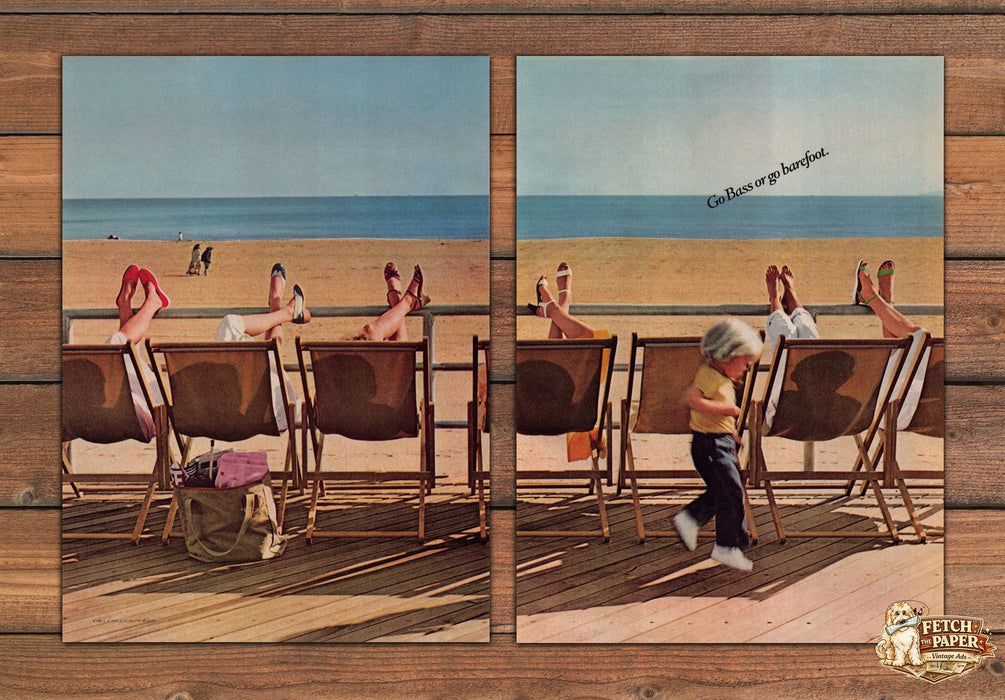 Bass 1980s "Go Bass or Go Barefoot" Legs Beach 2 Pgs Magazine Print Ad 1981