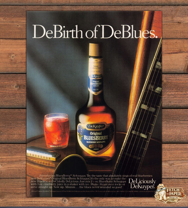 DeKuyper BluesBerry Schnapps Guitar Harmonica Print Ad 1988 1980s