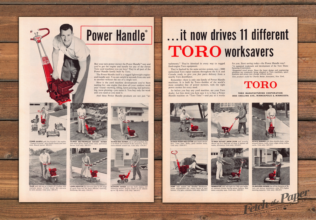 Toro Power Handle Drives 11 Worksavers Mower Snow Print Ad 1959 1950s (2pgs)