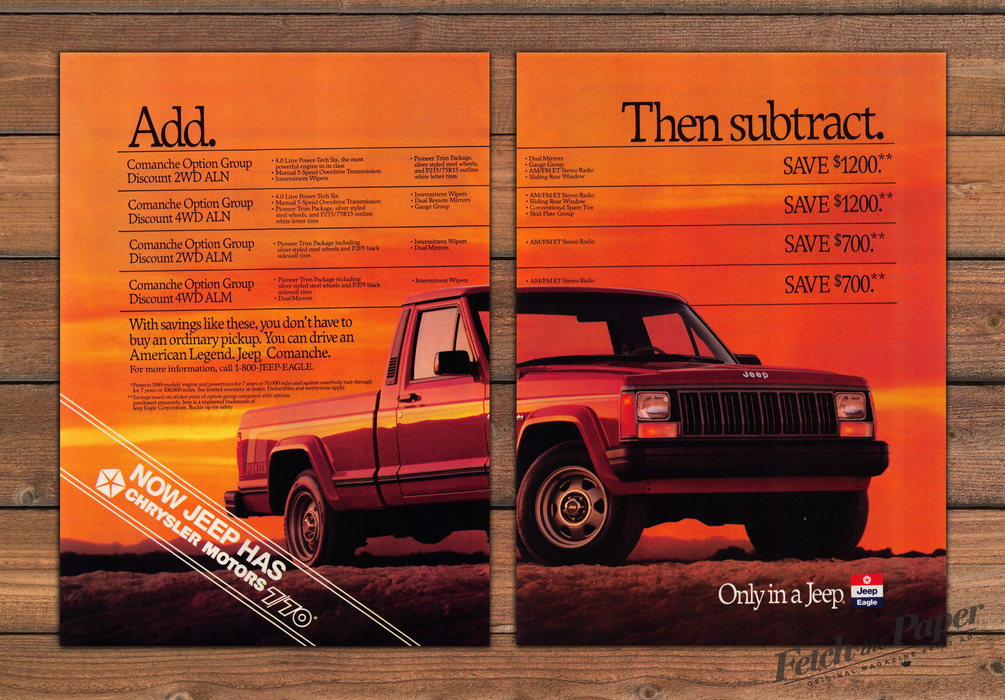 Jeep Comanche Pickup Truck Add Then Subtract Sunset Print Ad 1988 1980s (2pgs)