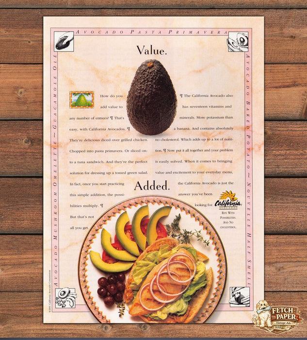 California Avocados Value Added Pasta Sandwich Grapes Print Ad 1991 1990s