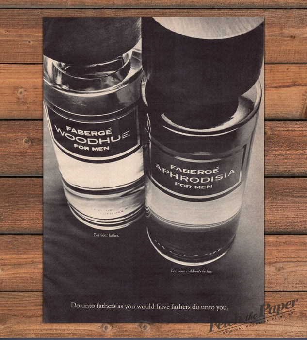 Faberge Woodhue Aphrodisia Cologne For Men Fathers Day Print Ad 1968 1960s