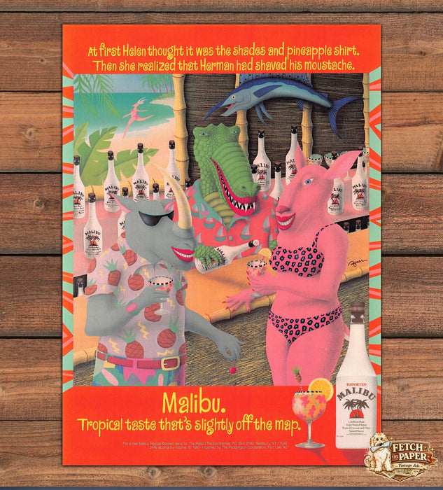 Malibu Rum Tropical Taste Rhino Pig Tiki Bar Cartoon Print Ad 1991 1990s