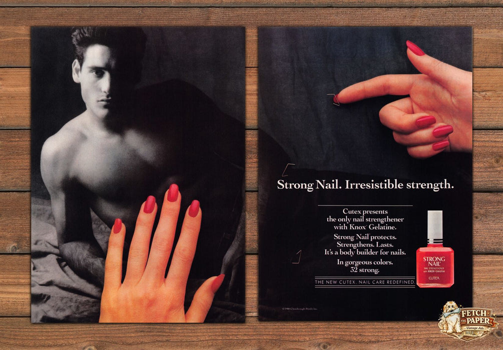 Cutex Strong Nail Red Nails Shirtless Man Print Ad 1989 1980s (2 pgs)