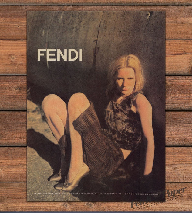 Fendi Model Fur Dress Boots Bare Legs Sepia Tone Seated Print Ad 1998 1990s