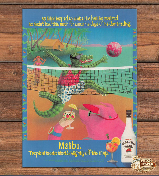Malibu Rum Alligator Volleyball Tropical Cartoon Beach Print Ad 1991 1990s