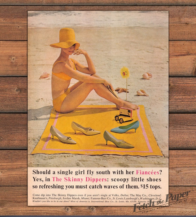 Fiancees Skinny Dippers Shoes Yellow Bikini Beach Blanket Print Ad 1965 1960s