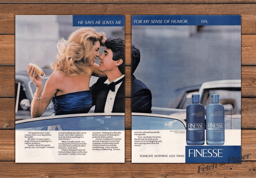 Finesse Shampoo Conditioner Big Hair Couple Hot Dog Print Ad 1987 1980s (2pgs)