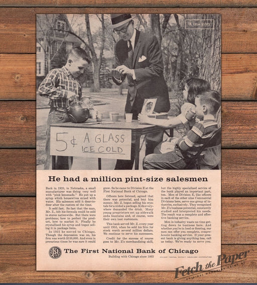 First National Bank Of Chicago Pint-Size Salesmen Lemonade Print Ad 1959 1950s