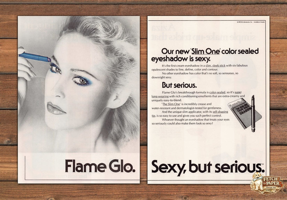 Flame Glo Slim One Eyeshadow Blue Application Print Ad 1980 1980s (2pgs)