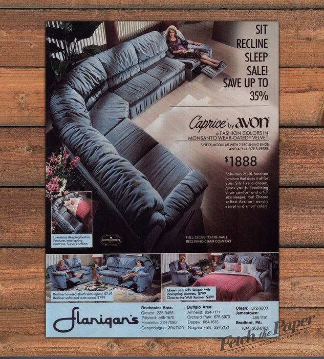 Flanigan's Caprice by Avon Blue Velvet Sectional Sofa Print Ad 1987 1980s