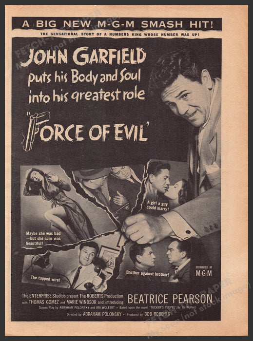 "Force of Evil" Movie Release 1940s Print Advertisement Ad 1948 John Garfield Fetch-the-Paper