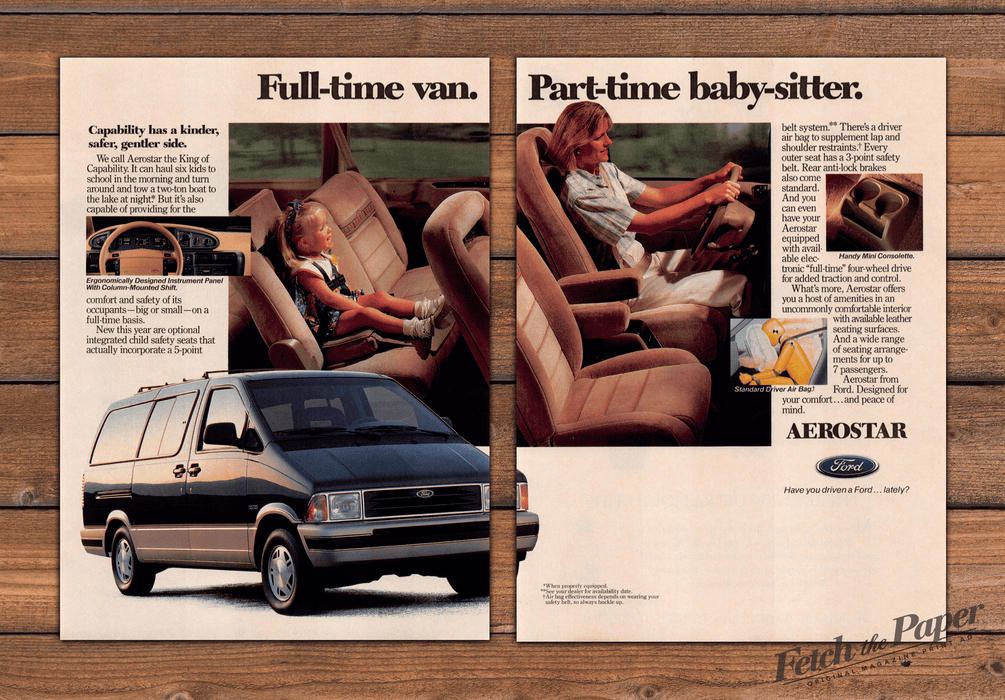 Ford Aerostar Black Minivan Mom Driving Girl Car Seat Print Ad 1993 1990s (2pgs)