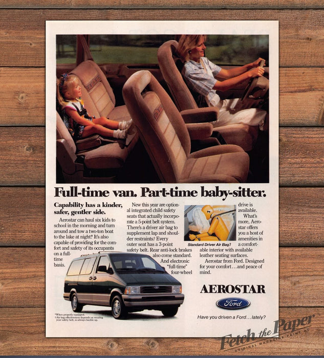 Ford Aerostar Mom Driving Girl Car Seat Safety Print Ad 1993 1990s