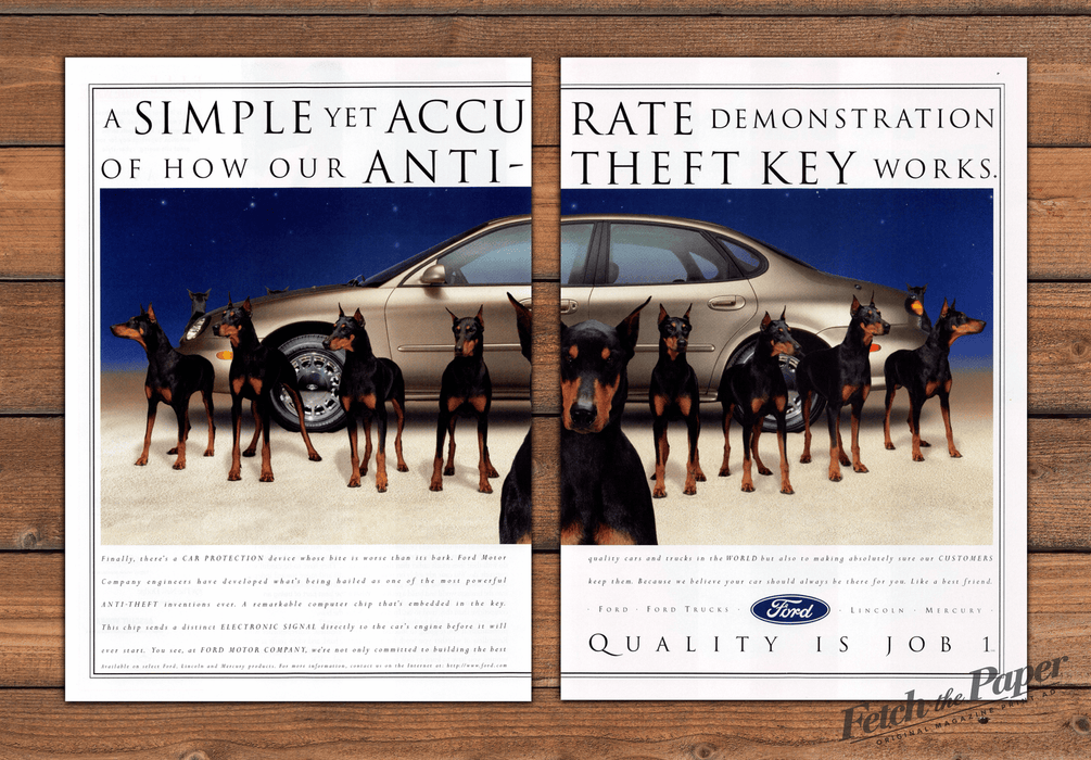 Ford Anti-Theft Key Dobermann Dogs Guard Car Clever Print Ad 1997 1990s (2pgs)