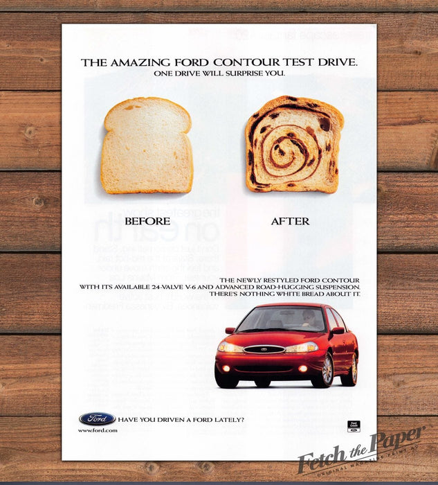 Ford Contour Test Drive Bread Before After Toast Red Car Print Ad 1997 1990s