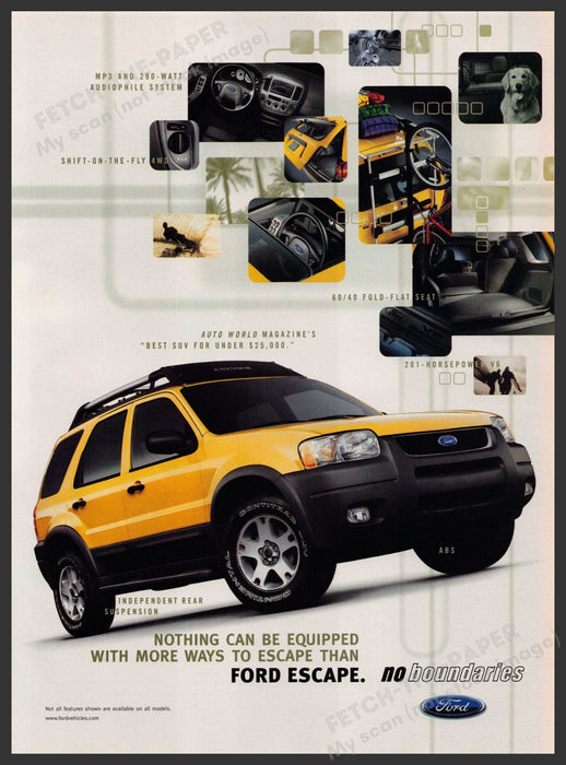 Ford Escape 2000s Print Advertisement 2002 "No boundaries" Yellow SUV Fetch-the-Paper