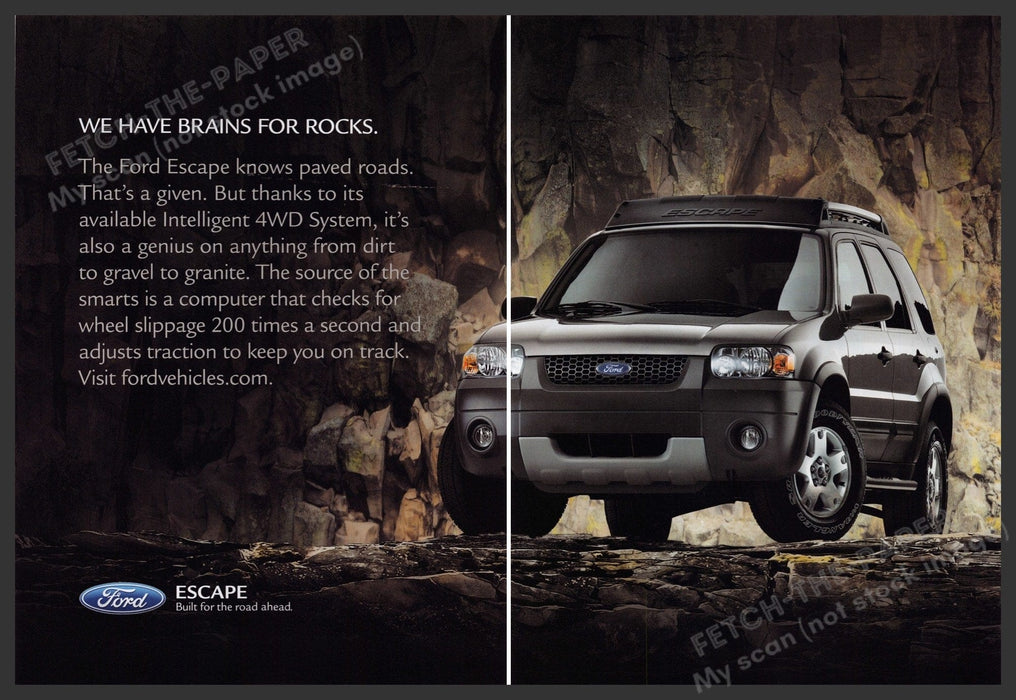 Ford Escape 2000s Print Advertisement Ad (2 Pg) 2005 "We have brains for rocks" Fetch-the-Paper