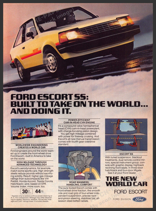 Ford Escort SS 1980s Magazine Print Advertisement 1981 "The new world car" Fetch-the-Paper