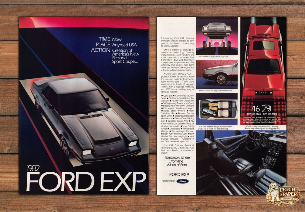 Ford EXP 1982 Personal Sport Coupe Tomorrow Is Here Print Ad 1981 1980s (2 pgs)