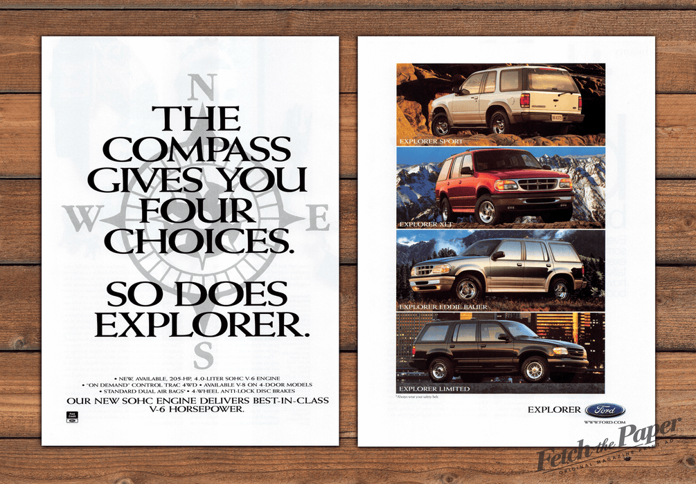Ford Explorer "The Compass Gives You Four Choices" Print Ad 1997 1990s (2pgs)