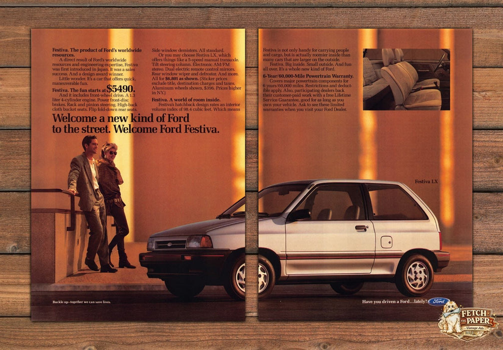 Ford Festiva LX Hatchback Silver Car Couple Dusk Print Ad 1988 1980s (2pgs)
