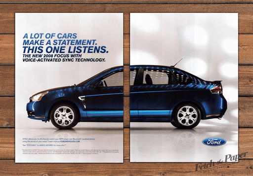 Ford Focus SYNC Blue Sedan This One Listens Print Ad 2008 2000s (2pgs)