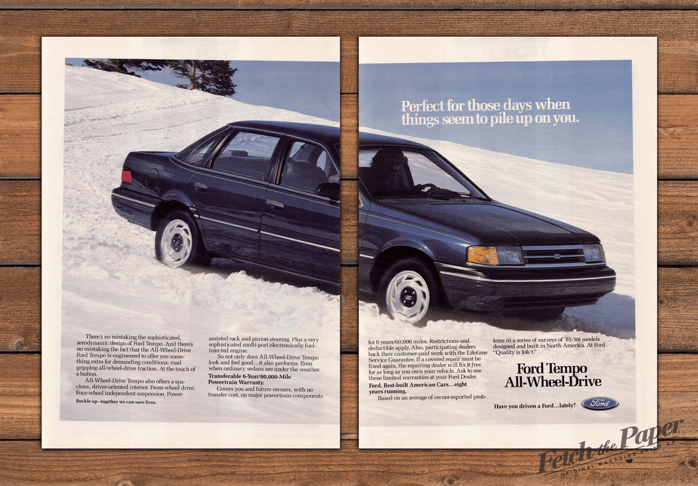 Ford Tempo All-Wheel-Drive Sedan Snow Hill Pile Up Print Ad 1988 1980s (2pgs)