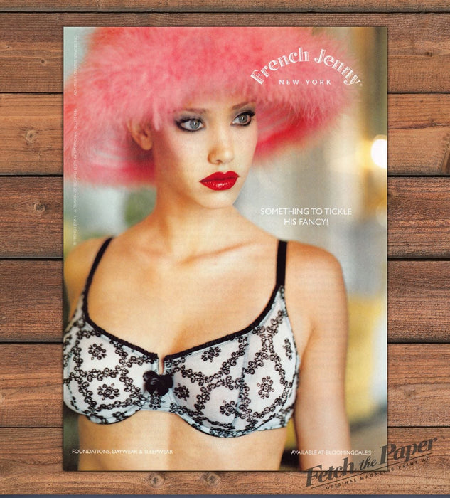 French Jenny Pink Fur Hat Lace Bra Tickle His Fancy Print Ad 1997 1990s