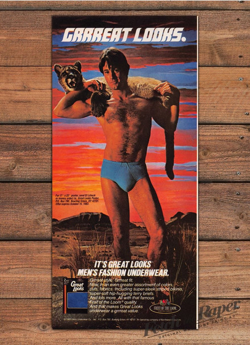 Fruit of the Loom Great Looks Underwear Mountain Lion Pelt Print Ad 1983 1980s
