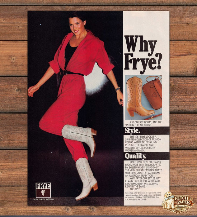 Frye Why Frye Woman Red Jumpsuit Kick Leap Spotlight Print Ad 1981 1980s