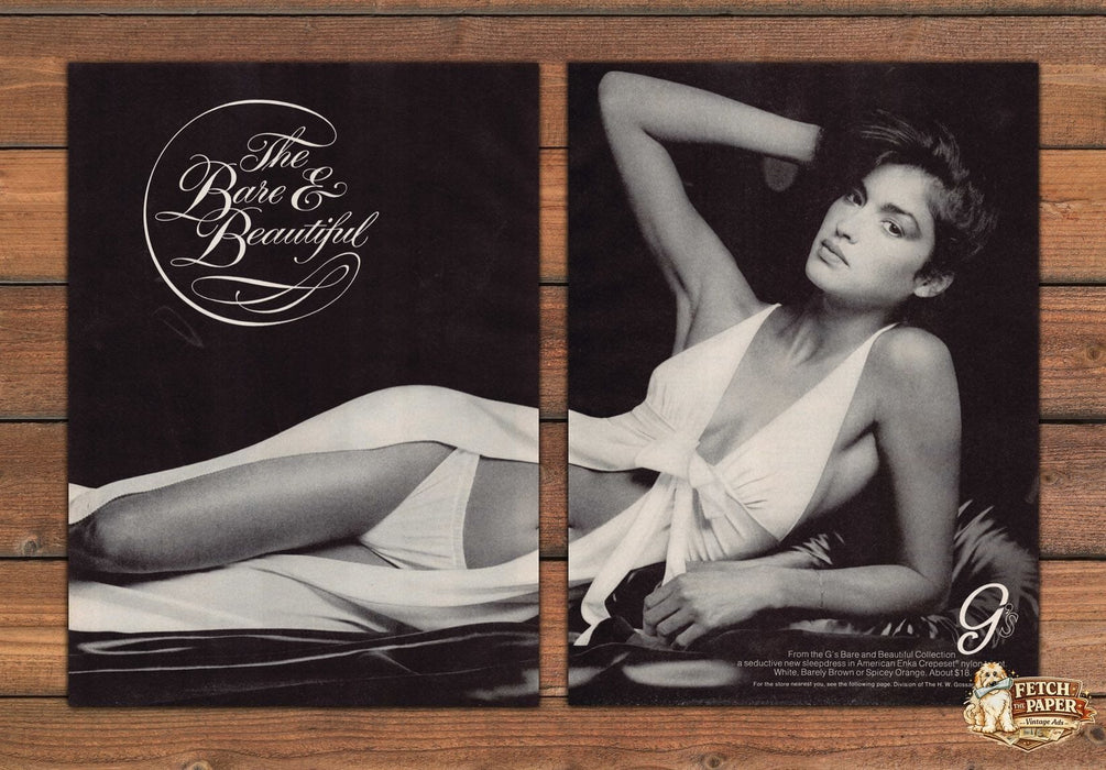 G's Bare and Beautiful Sleep Dress White Wrap Legs Print Ad 1978 1970s (2 pgs)