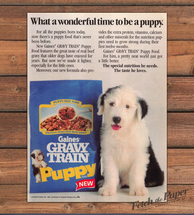 Gaines Gravy Train Puppy Food Sheepdog Puppy Print Ad 1986 1980s