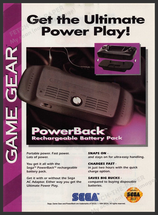 Game Gear PowerBack Battery Pack Video Game 1990s Print Advertisement Ad 1994