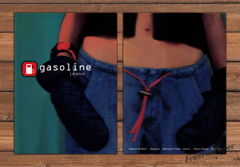 Gasoline Jeans Bare Midriff Low-Rise Jeans Red Cord Print Ad 1998 1990s (2pgs)