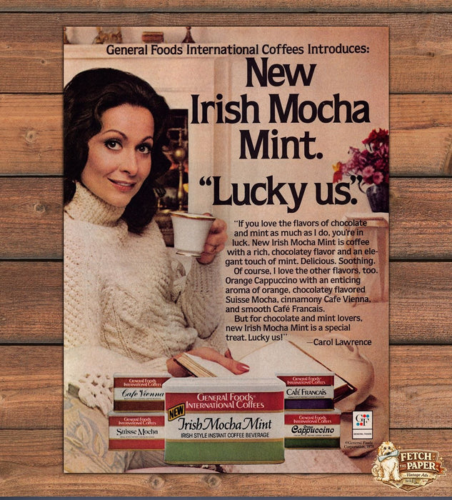 General Foods Irish Mocha Mint Lucky Us Carol Lawrence Print Ad 1978 1970s