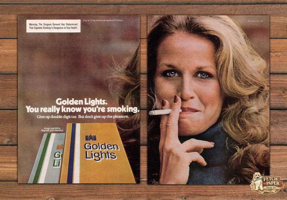 Golden Lights Cigarettes Blonde Woman Portrait Print Ad 1980 1980s (2pgs)