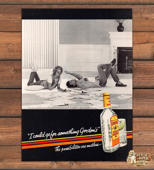 Gordon's London Dry Gin Couple Newspapers Floor 1980s Print Advertisement 1984