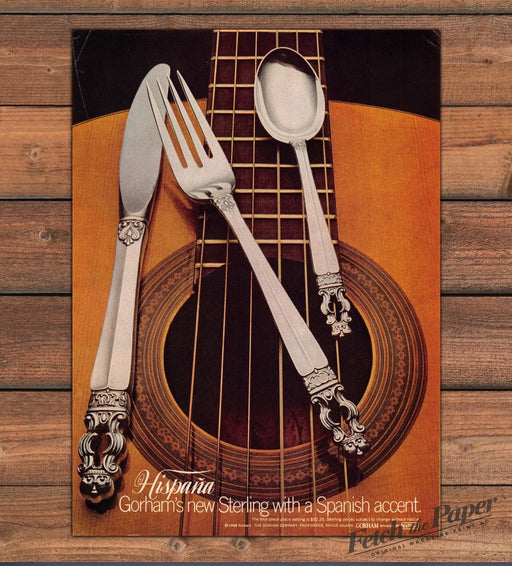 Gorham Hispana Sterling Silverware Spanish Guitar Print Ad 1968 1960s