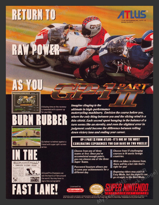 GP-1 Part II Motorcycle Video Game 1990s Print Advertisement Ad 1994