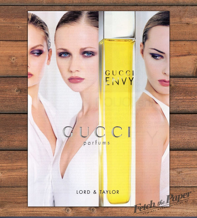 Gucci Envy Parfums Three Models Yellow Bottle Lord & Taylor Print Ad 1997 1990s