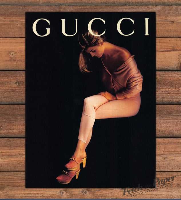 Gucci Model in Pink Cardigan and Leggings Clogs Legs Print Ad 1993 1990s
