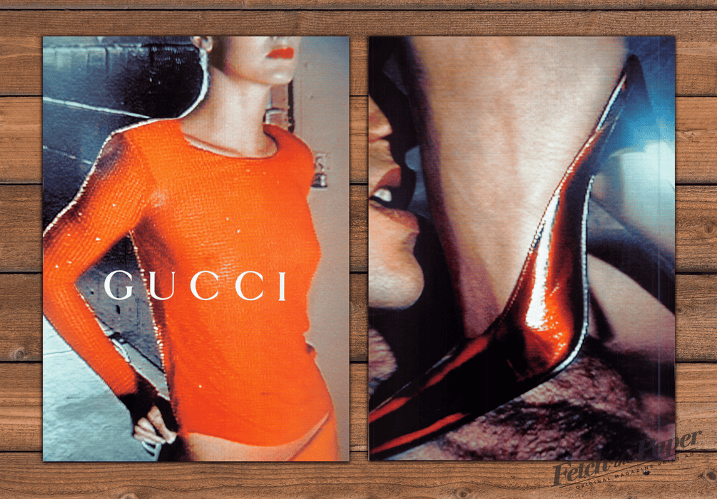 Gucci Orange Bodysuit Stiletto Heel 1 Page (Front/Back) Print Ad 1997 1990s