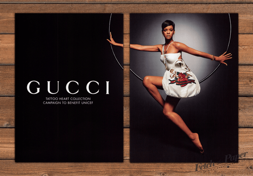 Gucci Rihanna Hoop Legs Tattoo Heart Handbag UNICEF Print Ad 2008 2000s (2pgs)