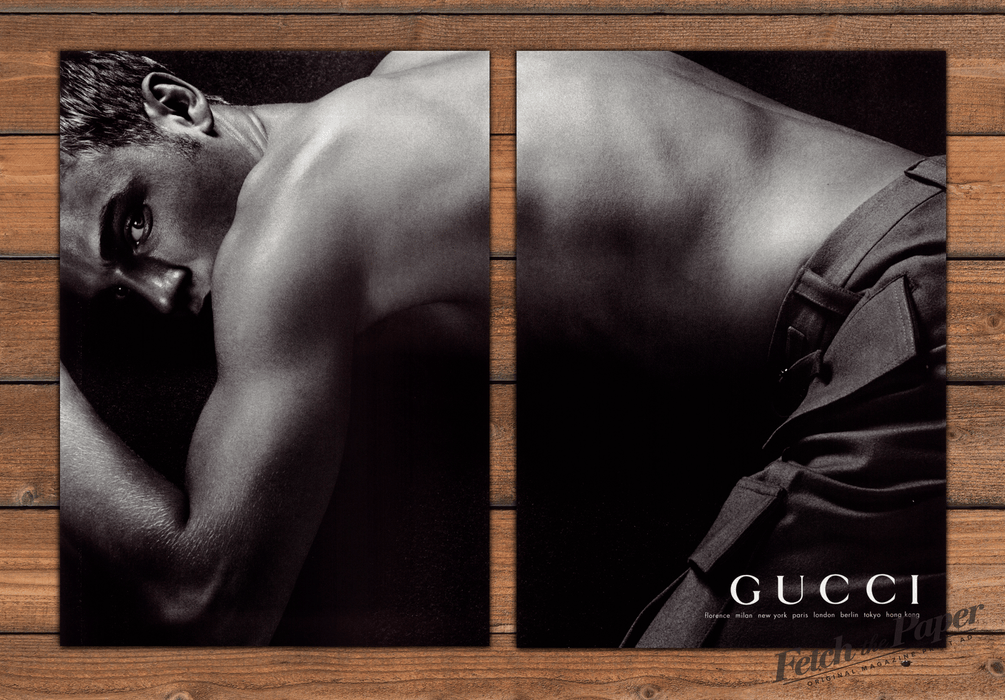 Gucci Sexy Muscles Shirtless Man Black & White Back Print Ad 1998 1990s (2pgs)